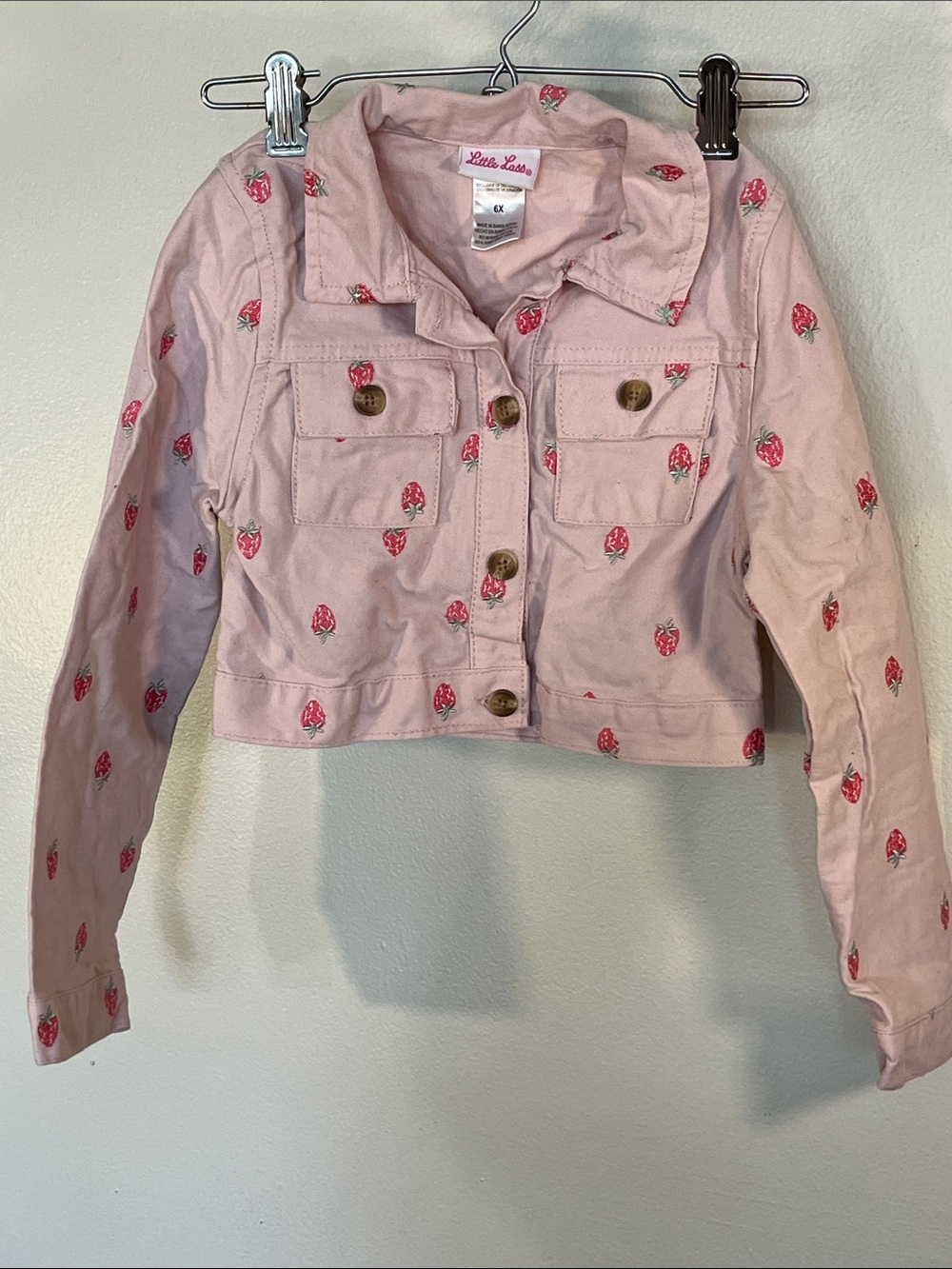Little Lass Light Pink Cropped Jean Jacket with Strawberry Print